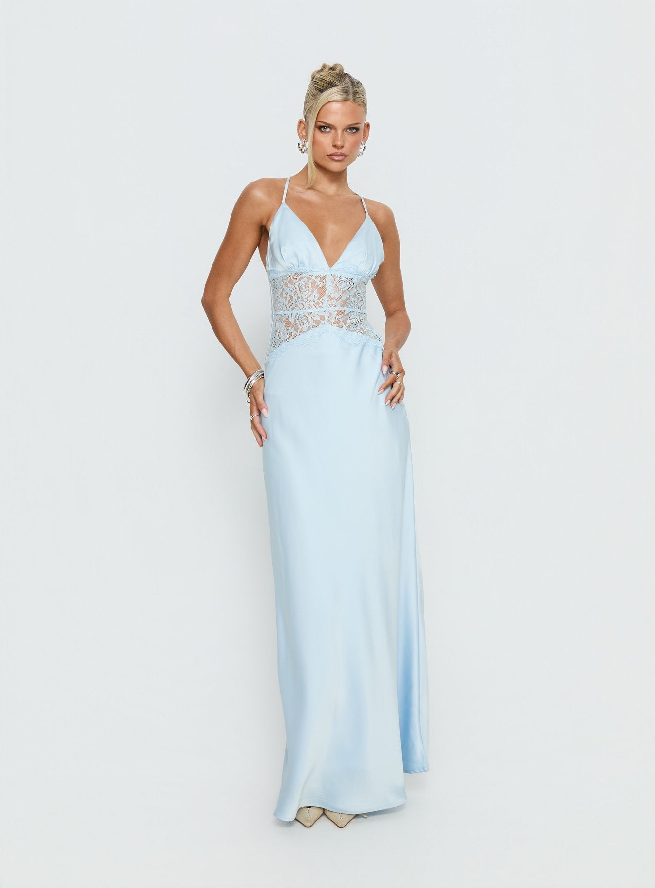 Klairee Halter Lace Maxi Dress Icy Blue