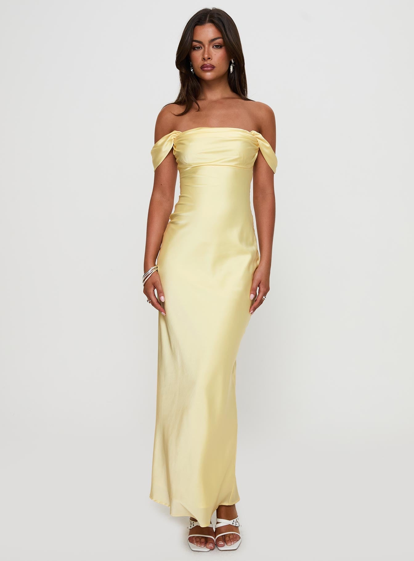 front view of model wearing Princess Polly Azura Off The Shoulder Maxi Dress Yellow Straight Neck 