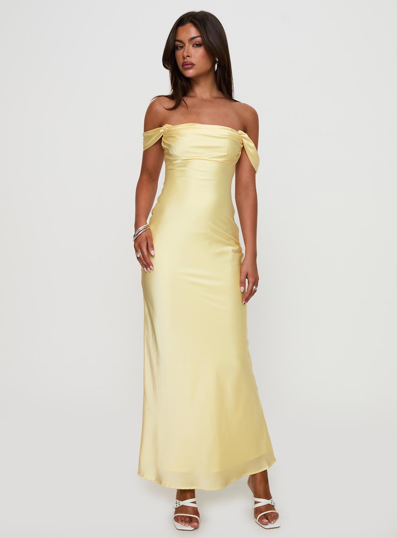 front view of model wearing Princess Polly Azura Off The Shoulder Maxi Dress Yellow Straight Neck 