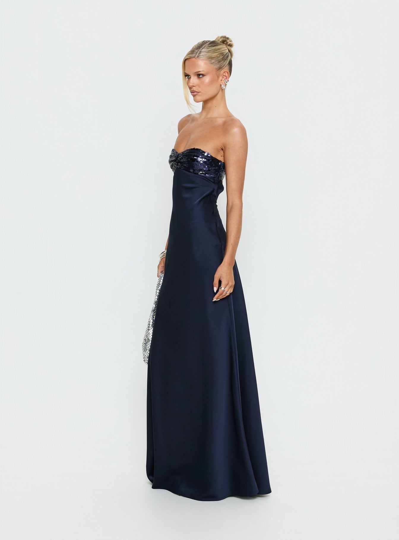See The Vision Sequin Bust Strapless Maxi Dress Navy