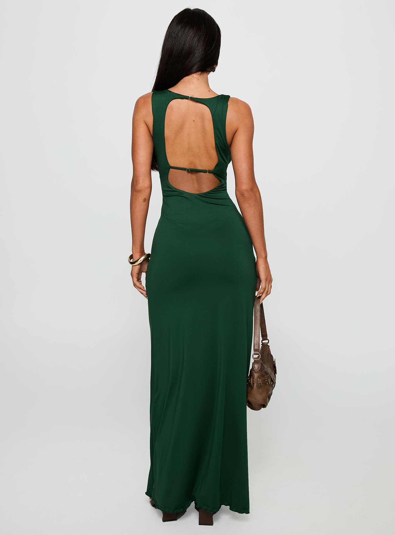 back view of model wearing Princess Polly Frederica Plunge Maxi Dress Forest Green Plunger 