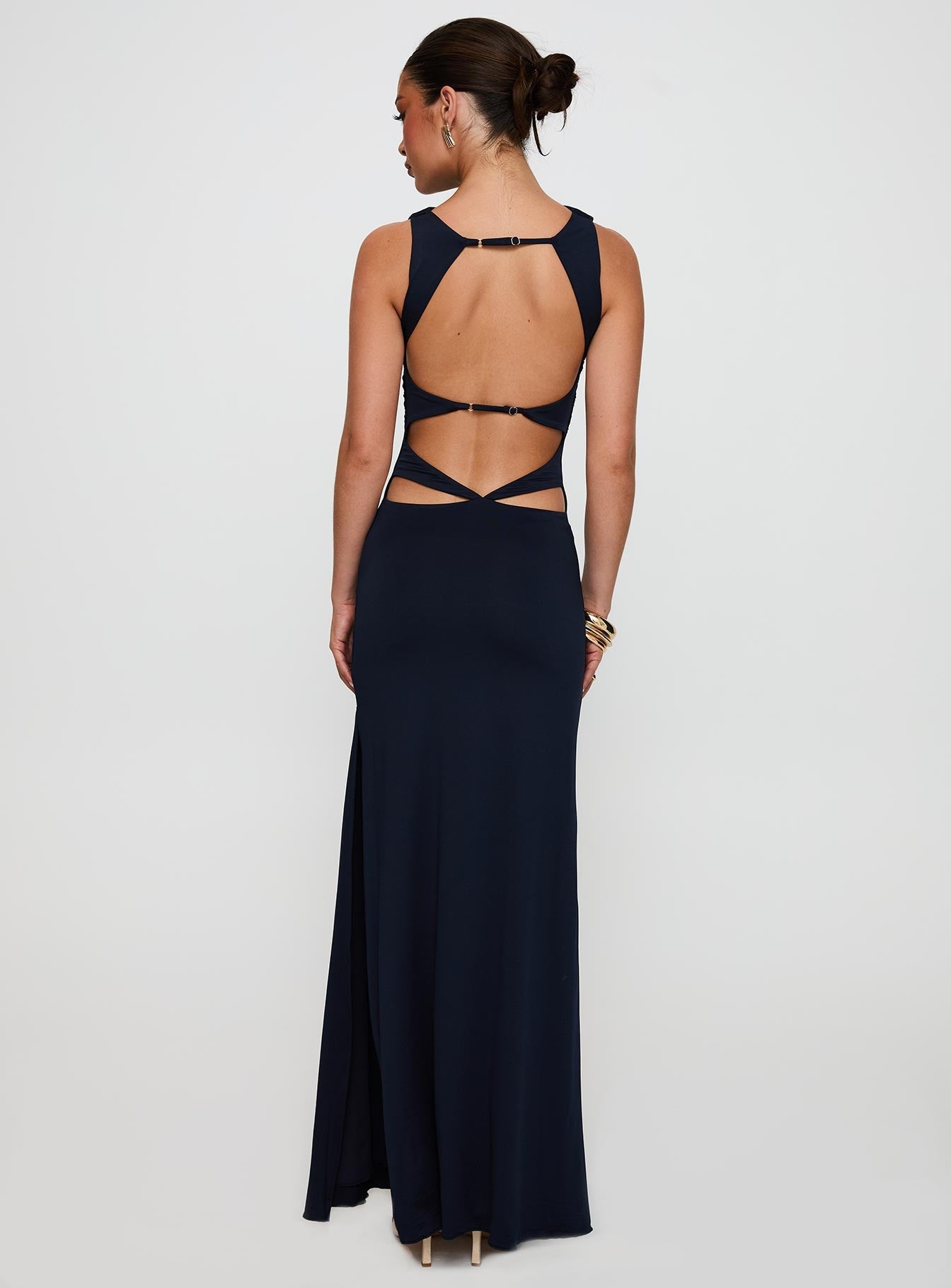 back view of model wearing Princess Polly Undeniable Cut Out Maxi Dress Navy High Neck 