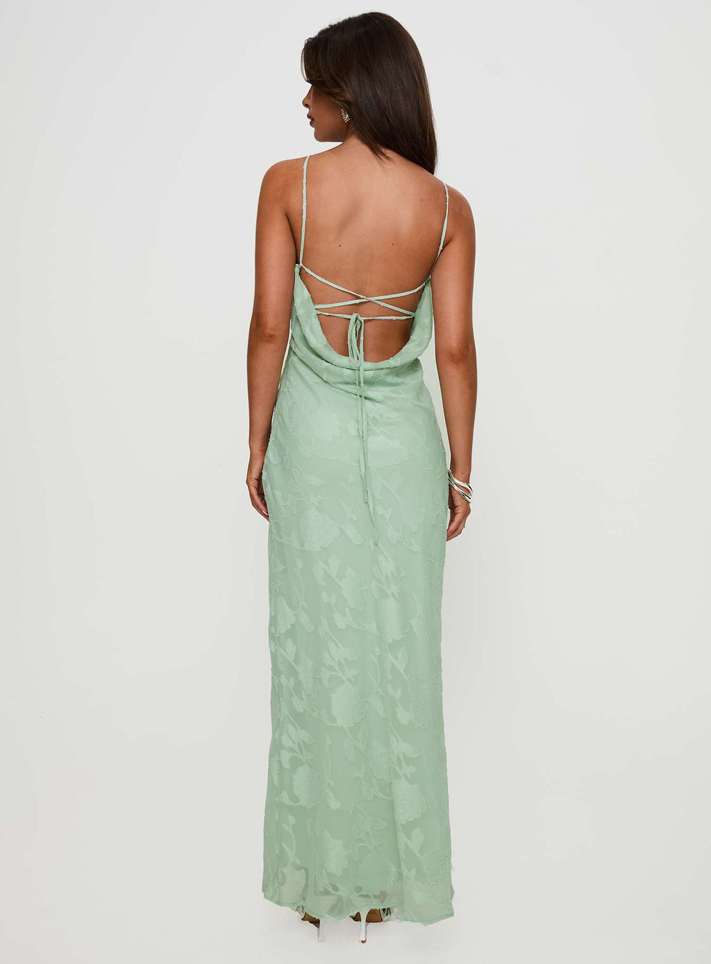 back view of model wearing Princess Polly Zoelle Halter Maxi Dress Sage V-Neck 