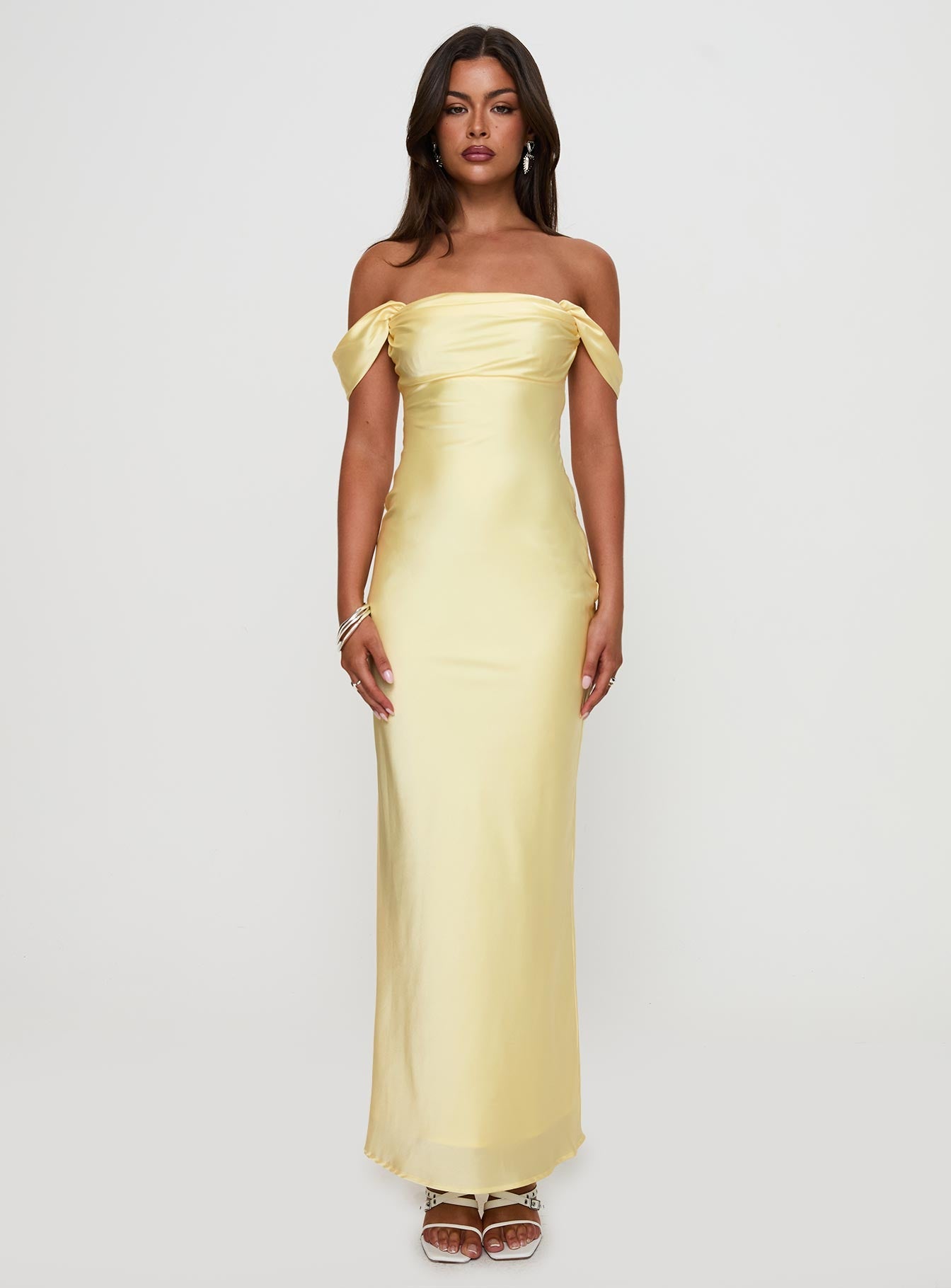front view of model wearing Princess Polly Azura Off The Shoulder Maxi Dress Yellow Straight Neck 
