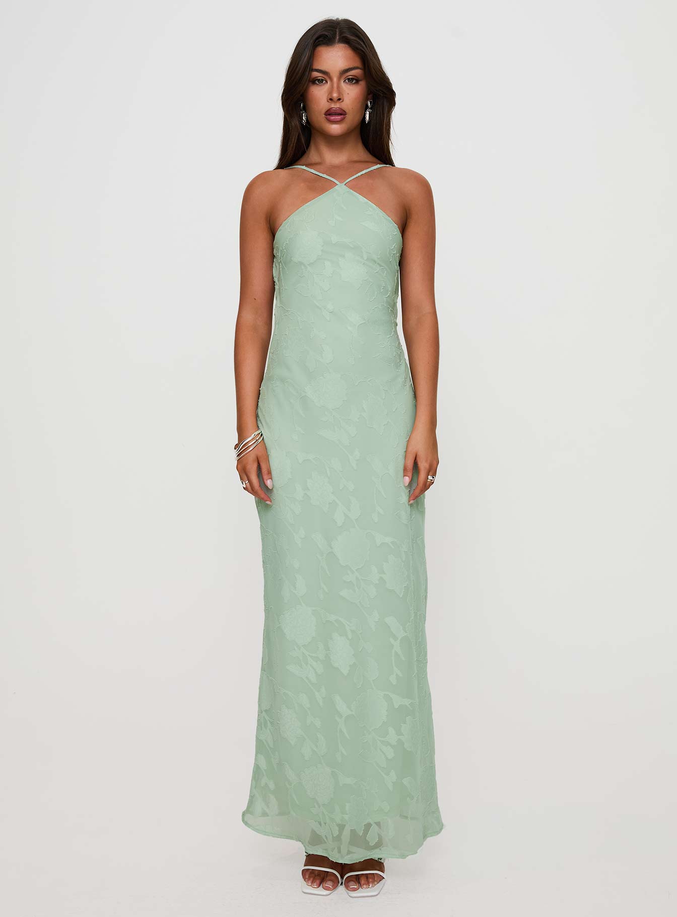 side view of model wearing Princess Polly Zoelle Halter Maxi Dress Sage V-Neck 