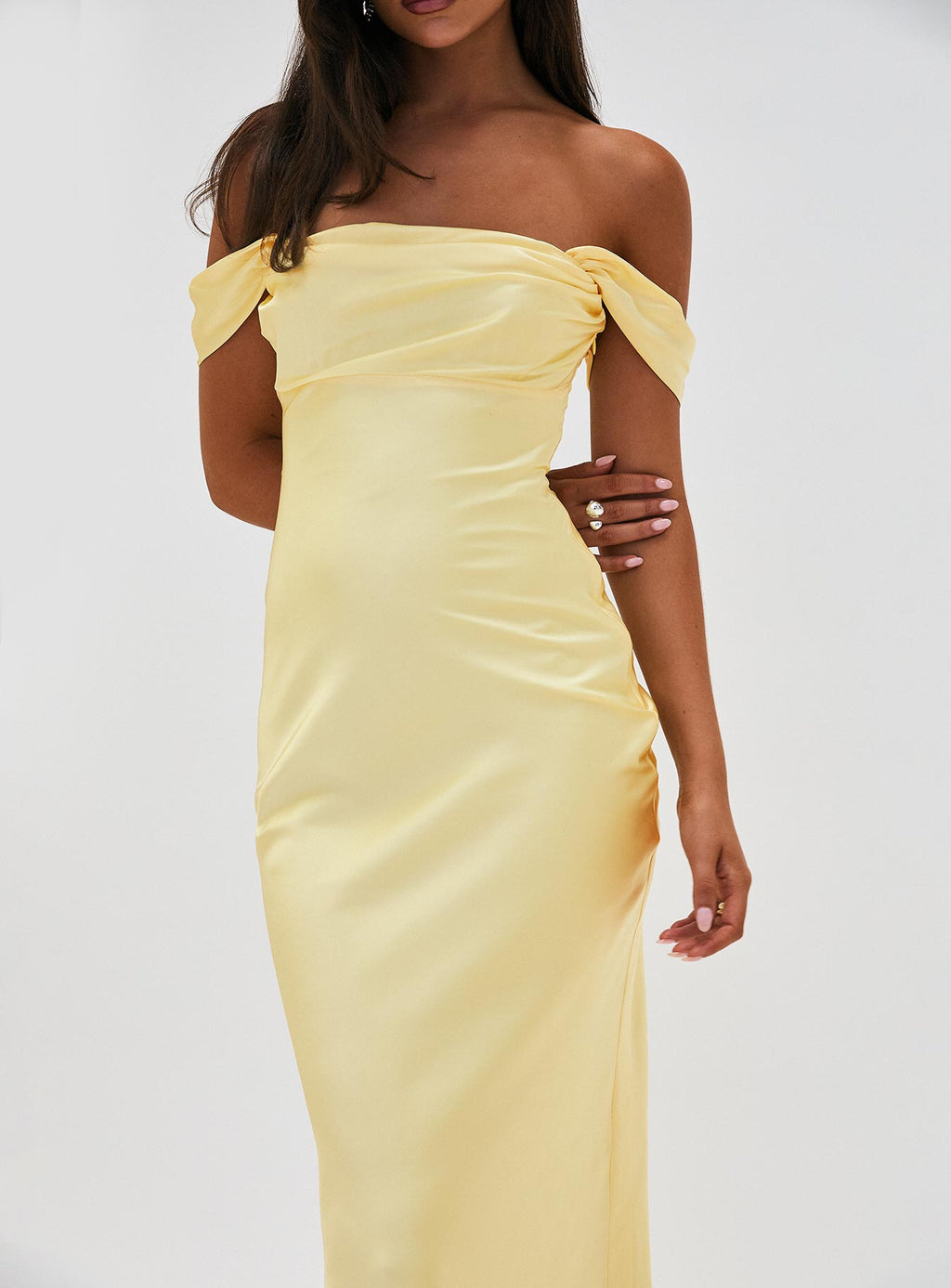 back view of model wearing Princess Polly Azura Off The Shoulder Maxi Dress Yellow Straight Neck 