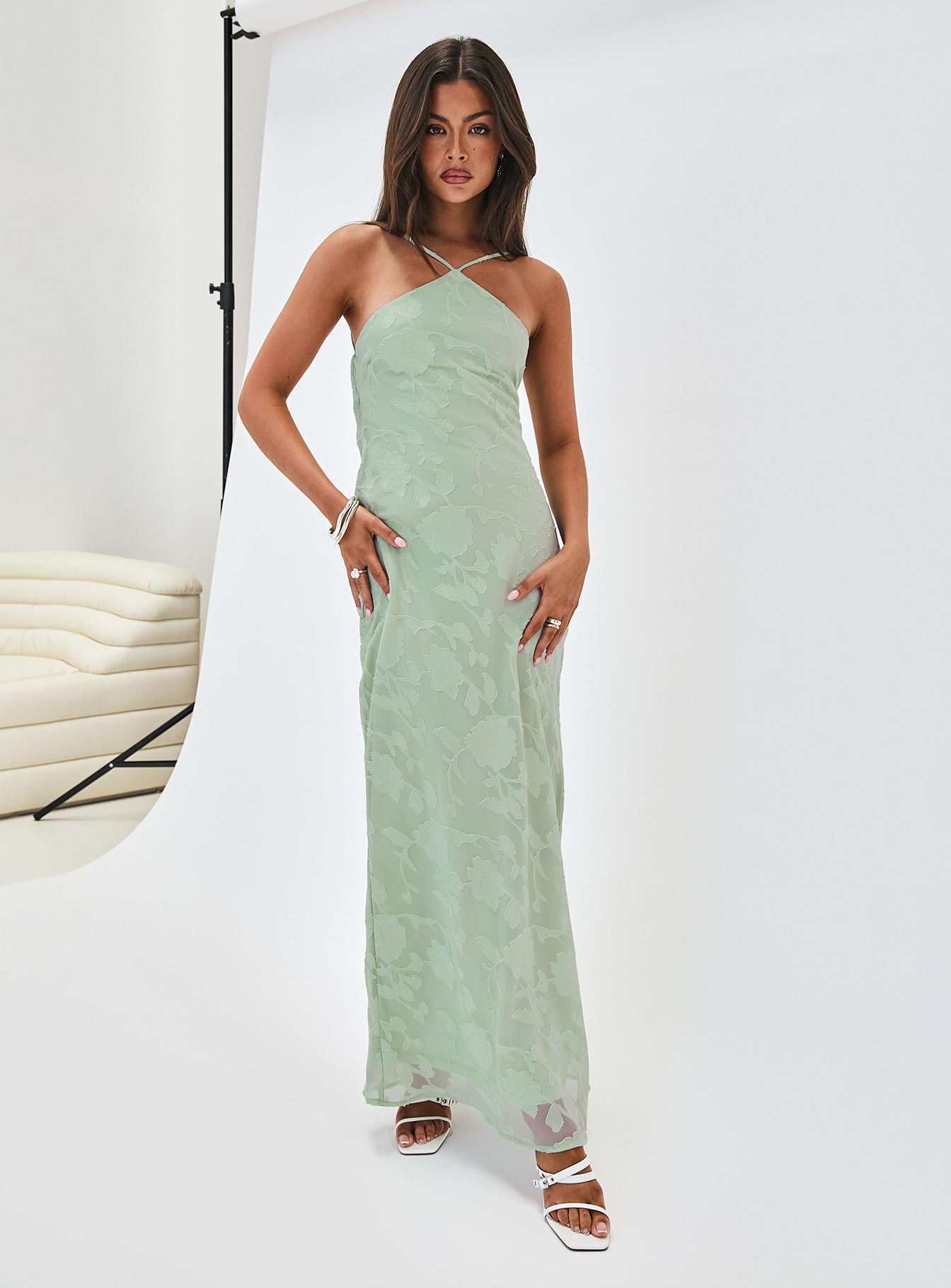 front view of model wearing Princess Polly Zoelle Halter Maxi Dress Sage V-Neck 
